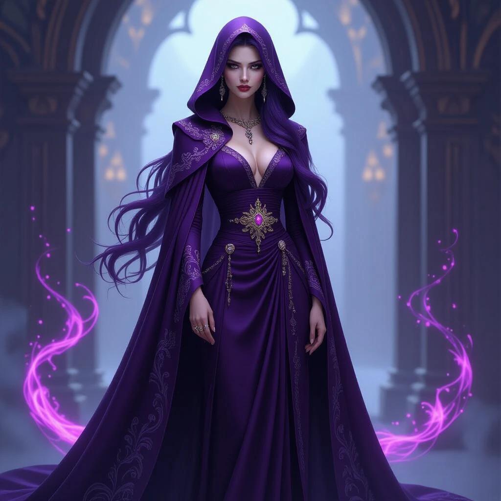 A striking figure stands draped in an intricately embroidered dark cloak. Long flowing hair cascades in hues of deep purple and rich burgundy. The lighting is soft and ethereal creating contrast with a pale complexion. Wisps of luminescent energy swirl around her. Attire is adorned with fine gems and ornate patterns, hinting at a magical origin. The scene conveys mystery and allure inviting viewers into a captivating narrative.