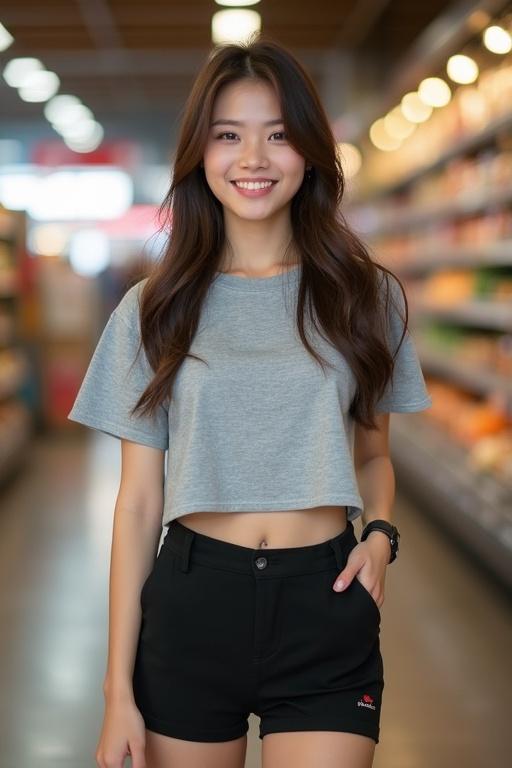 A smiling young woman stands in a USA market. She wears a gray crop top and black shorts. The hair is straight and brown. The background is filled with market items. Natural expression with a friendly smile. Model vibe is youthful and trendy.