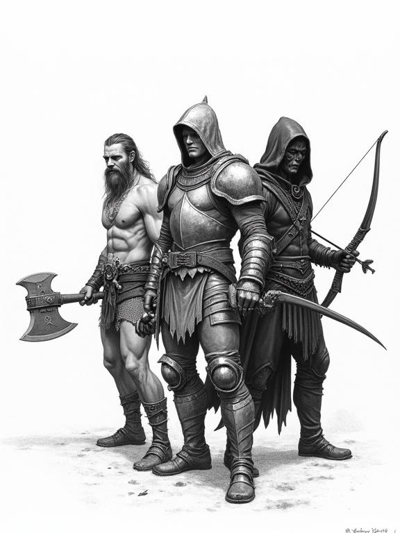 Detailed black and white line drawing sketch featuring three Dungeons and Dragons characters. On the left, a muscled barbarian wielding a battle axe. In the middle, a stoic fighter wearing chainmail and holding a longsword and shield. On the right, a shadowy assassin dressed in black, armed with a longbow.