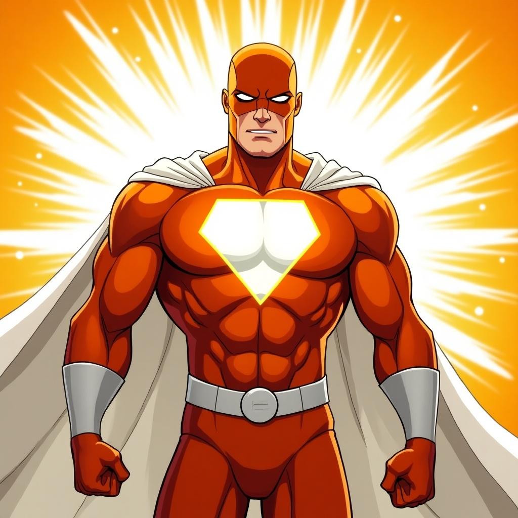 A vibrant orange superhero stands proudly. The superhero has a muscular build and wears a white cape. A glowing emblem with FusionTier.com is prominently displayed on the chest. The backdrop emits bright rays of light.