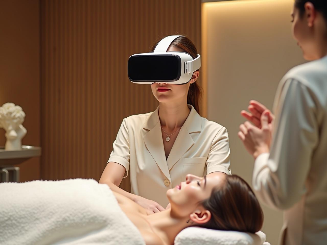 Recreate an image of a spa setting where a spa assistant is learning to massage a customer using a VR headset. The spa assistant will be wearing a white VR headset with a black front screen, observing a spa expert who is managing the massage without any VR equipment. The learner should be positioned in a relaxed and attentive manner, capturing the essence of a modern-day spa experience. The spa assistant's uniform should be a contemporary cream color, complementing the overall aesthetic of the space. The massage hall should feature a serene, upscale design, with smooth wooden textures and ambient lighting to enhance the calming atmosphere. The dimensions and angles of the image should be preserved as in the original, focusing on photo-realism in 4K resolution.