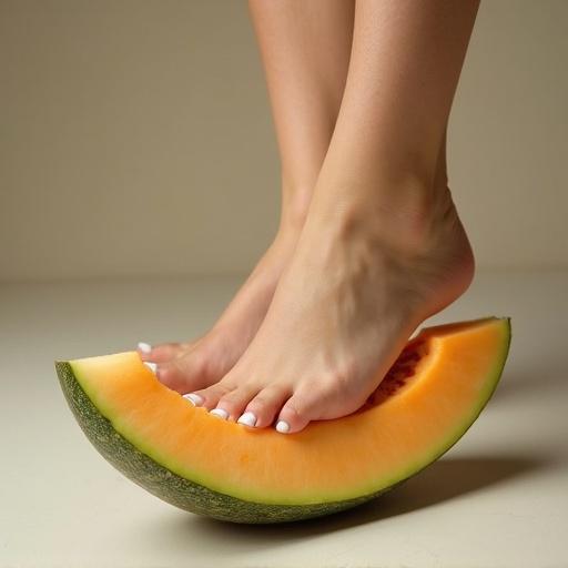 Close-up image of a young woman's foot standing on a melon slice. The woman's toes have white nail polish and she wears a toe ring. The background is neutral and soft.