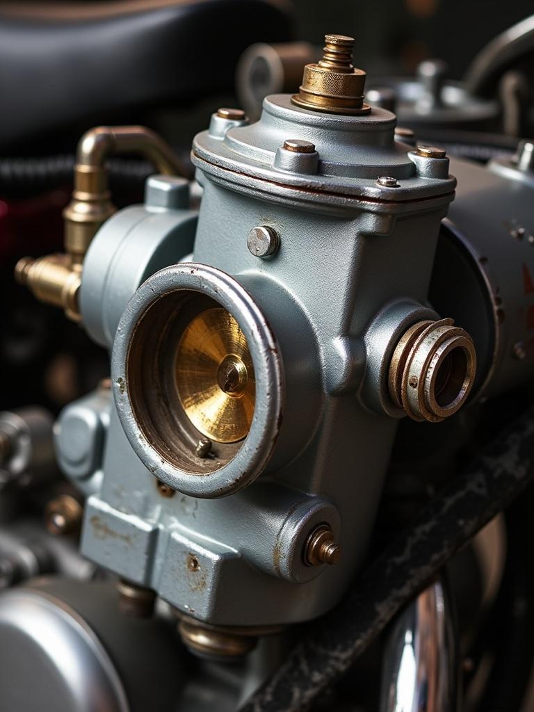 Detailed close-up of a motorcycle carburetor. The image captures intricate mechanical details and textures. Focus on the carburetor with a blurred background to emphasize its importance. Natural lighting enhances the metallic finish and craftsmanship. Suitable for automotive enthusiasts and mechanics.