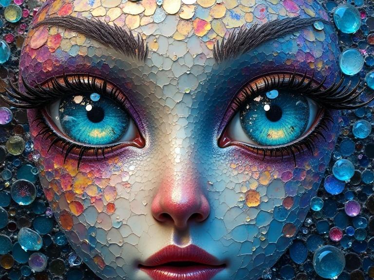 3D ceramic tile and glass mosaic art featuring dreamy abstract elements. A face showcasing creamed gothic eyes with an ethereal aesthetic, incorporating encaustic and flashy mixed media effects.