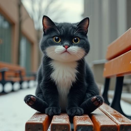 An orca-cat hybrid creature sits on a bench in a university setting. The creature has black and white fur with cat features. The background shows a snowy environment and university buildings.