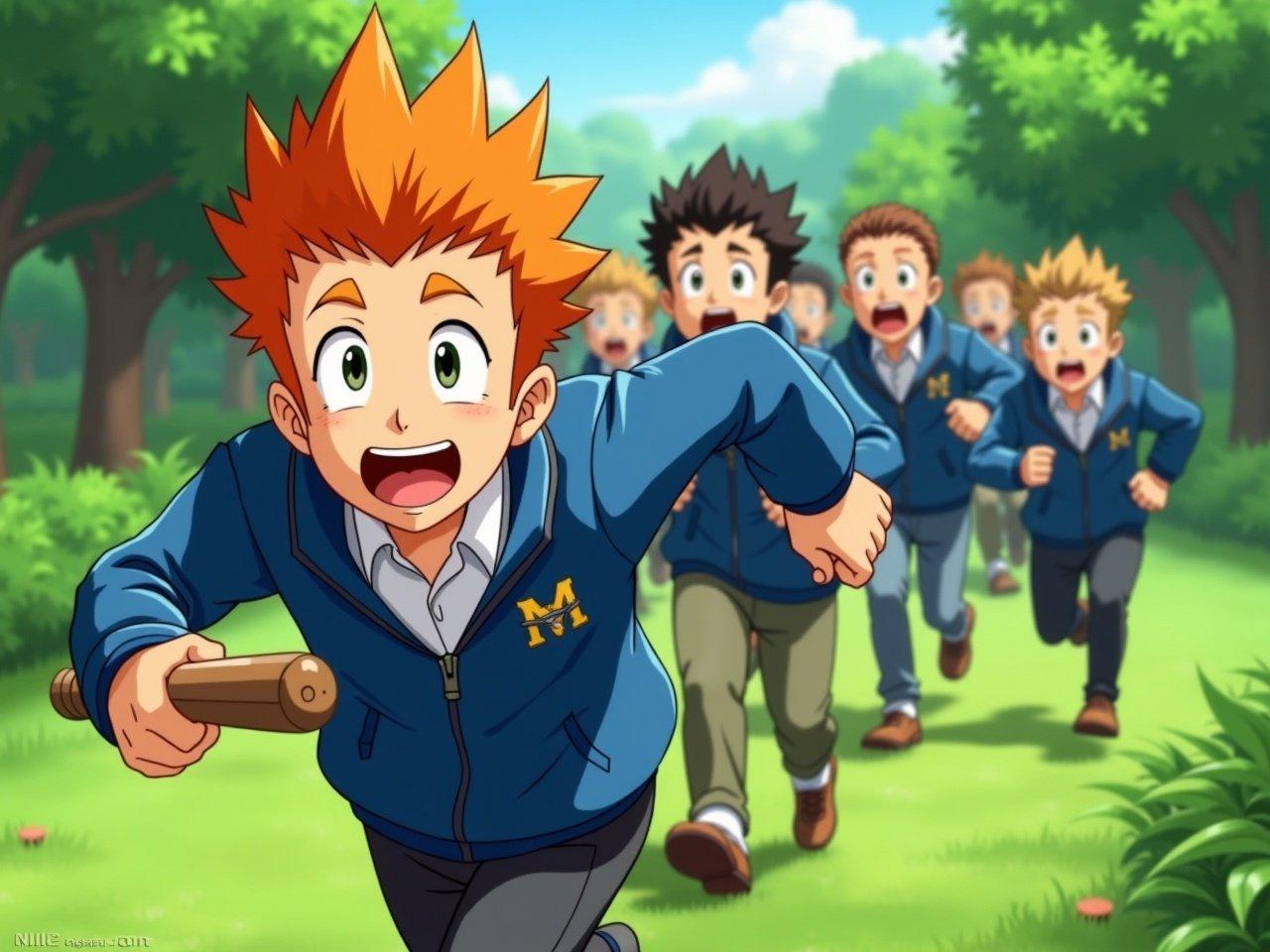 In this vibrant scene, a group of animated boys are seen running energetically through a lush green setting. The boy in the foreground has spiky orange hair and is wearing a blue jacket over a white shirt, visibly excited. He appears to be leading the group, holding a baseball bat in one hand. The other boys are dressed similarly in blue jackets with school uniforms and are following closely behind. There is a sense of movement and camaraderie as they race together, suggesting they are engaged in some kind of fun activity.