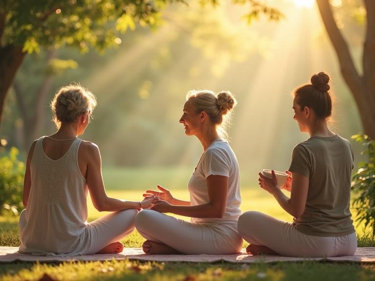 Group of diverse women in midlife engage in holistic wellness activities in a peaceful, natural setting. Soft sunlight illuminates the scene as they connect with each other. One woman receiving acupuncture, another practicing pelvic floor exercises, and another journaling with herbal tea. Elements like essential oils and warm bath essentials enhance the atmosphere of comfort and self-care.