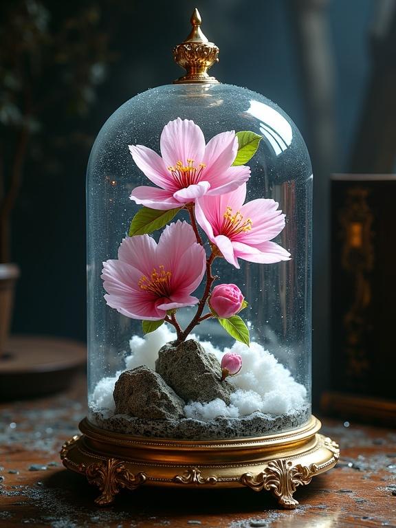 Glass terrarium with sakura blossoms. Blossoms are cerulean pink and foamy white. Jagged rocks inside the terrarium. Golden lid glistens under candlelight. Snowy base with condensation on glass. Elegance and artistry combined in a magical setting.