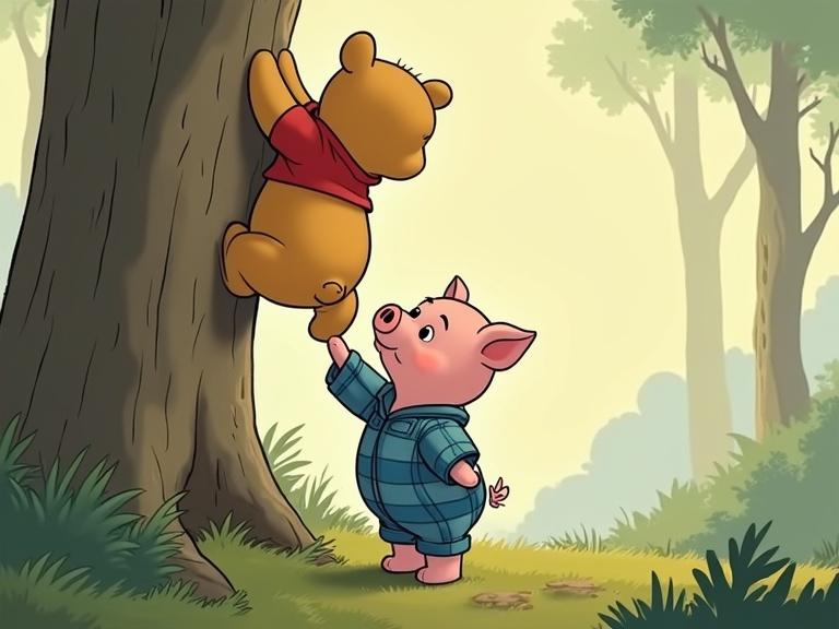 A teddy bear resembling Winnie the Pooh from Soviet animation struggles to reach a tree branch while balancing on a small pink piglet in a blue plaid jumpsuit. The bear is unsteady and the piglet is tensing with worry. The illustration evokes a cozy forest atmosphere with soft colors.