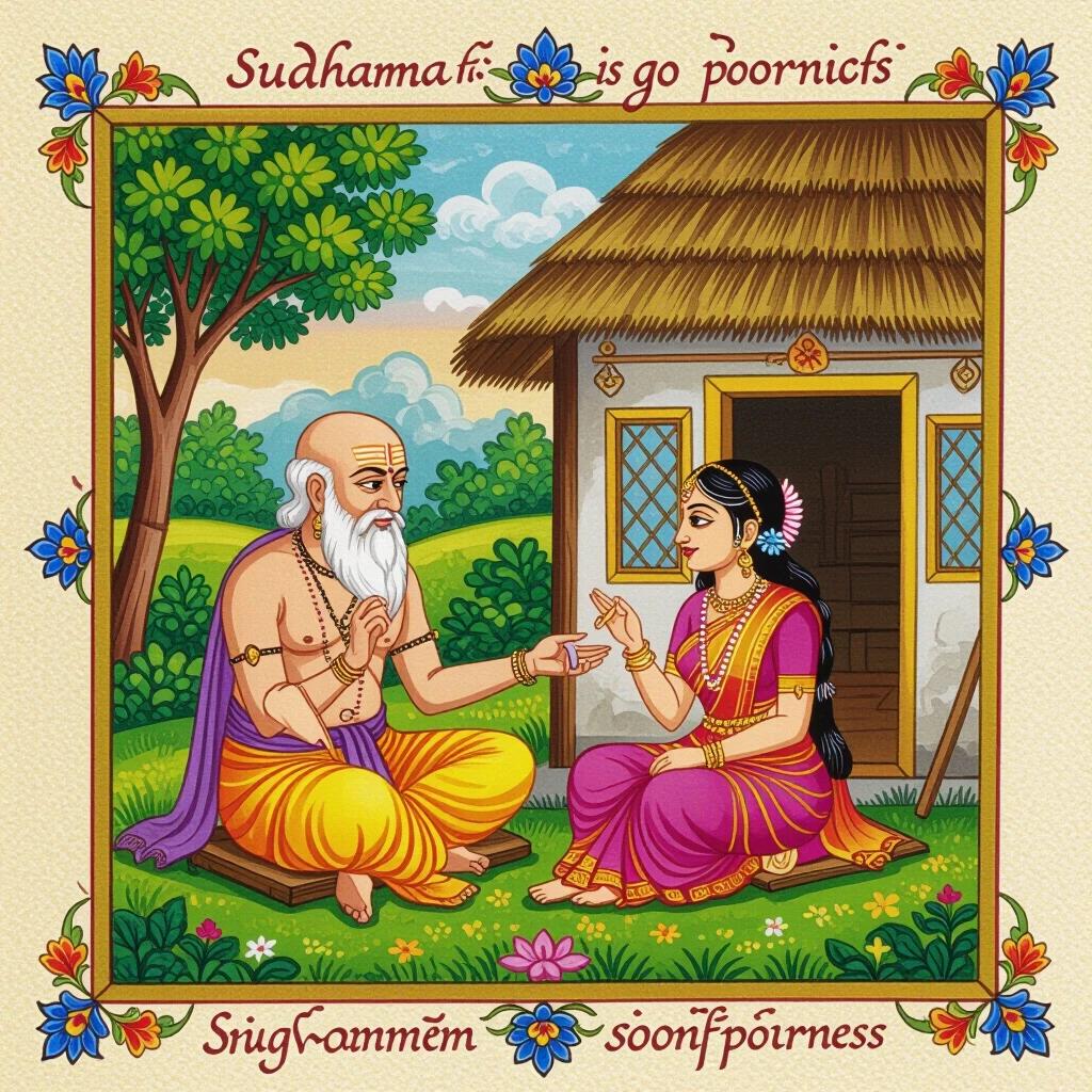 Illustration of a heartwarming mythological scene. Sudhama is bald and dressed simply. He is sitting with his wife in front of a simple hut. She tells him to find a solution to their poverty.
