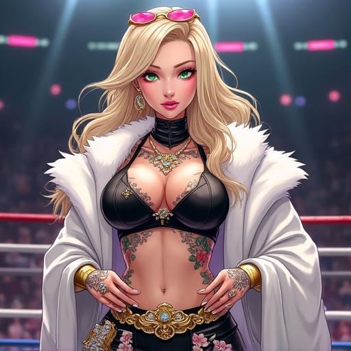 Anime inspired woman in a luxurious martial arts arena. Character features include emerald green eyes and oversized light blonde hair. Dressed in an edgy ninja kimono with a mink coat. Shows tattoos and a championship belt. Captivating sadistic grin with stylish accessories.