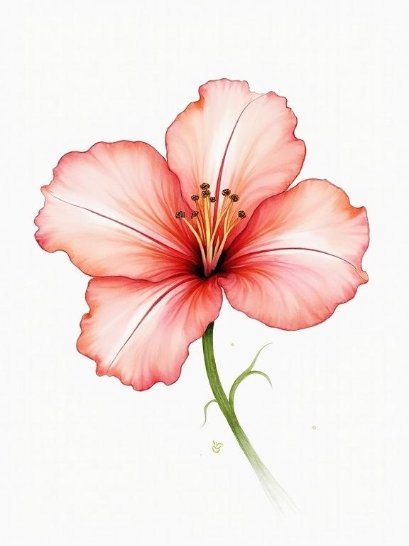 Watercolor painting of a flower with soft pink petals and green stem.