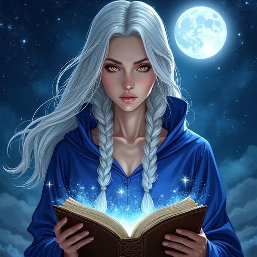Sorceress Clarice has silver hair in braids. She wears a deep blue robe. Her eyes are amber and serious. She reads a magic grimoire. A full moon illuminates a starry night background. Magic circles and stardust surround her. The image is colorful and dynamic, showcasing Clarice's magical power.