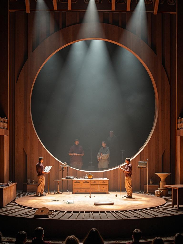 A stage setup featuring a large circular backdrop. Performers engaged in an artistic presentation. Dramatic lighting enhances the performance atmosphere. Audience view of the captivating scene.