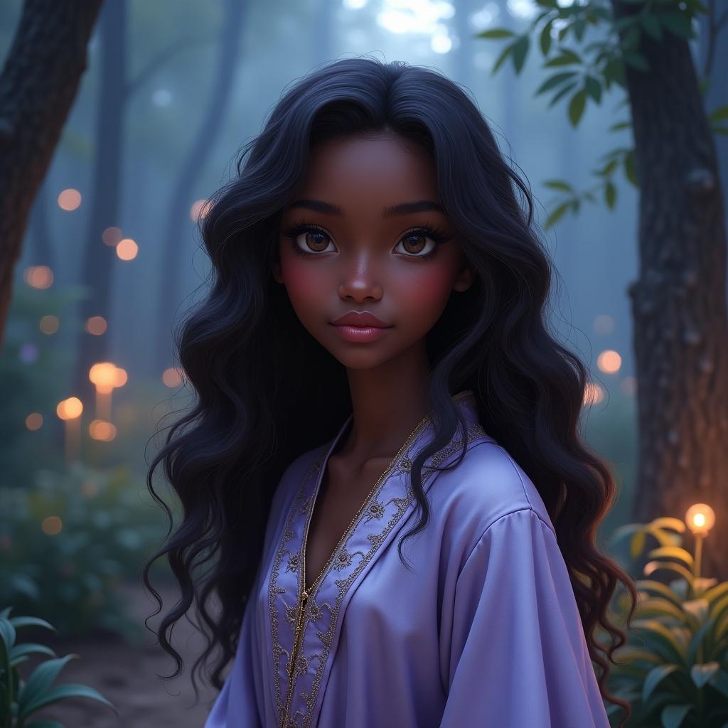 A young ebony-skinned girl stands in an enchanted forest. She wears a beautiful silver and lavender robe with detailed embroidery. Her long wavy hair has highlights and cascades elegantly. Surroundings feature glowing plants and magical orbs in a twilight setting. The scene evokes a sense of wonder and tranquility.