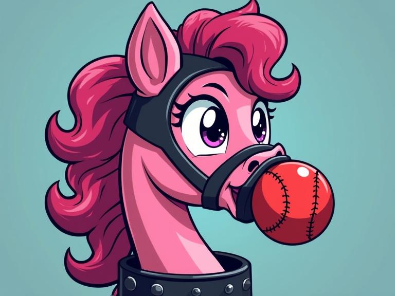 A dark pink pony with a playful expression. The pony wears a black leather harness and a ball gag. The ball gag resembles a small red kickball. Background is a light shade of d5446d. The style is clean and bold, with crisp outlines and simplified shading.