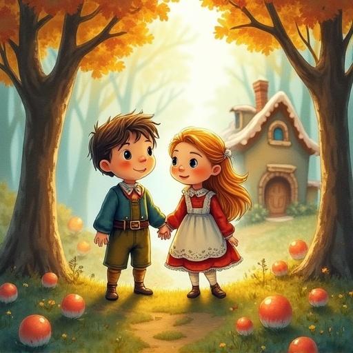Illustration of two children holding hands in a fantasy forest. Background features a gingerbread house with soft glow. Characters have large expressive eyes. Art style combines watercolor and colored pencil. Atmosphere is warm, whimsical, and nostalgic.