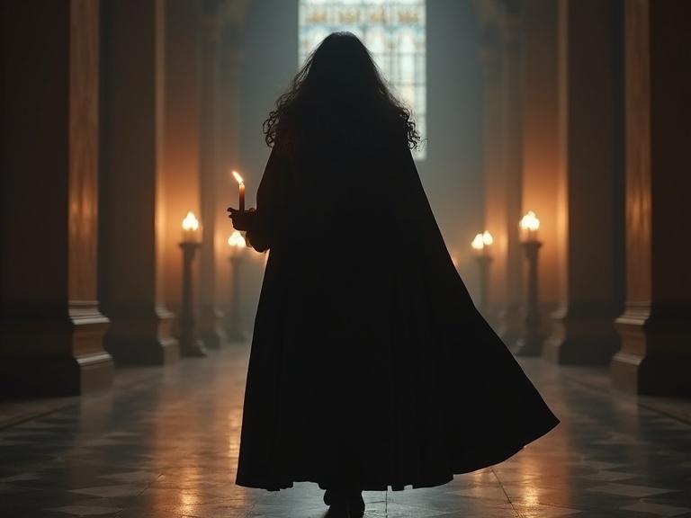Tall man with long dark hair wearing black coat and cape holds a candle walking in an empty grand hall with columns.