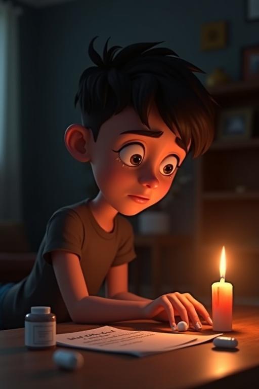 Stylized cartoon scene in CGI universe. Dimly lit room reveals an ajar drawer. A folded note and a bottle of pills next to it. Léo gazes down with guilt and pain. Low camera angle captures vulnerability. Tears blur the image. Candlelight glows around a photo. Room conveys silent sorrow, deep drama, quality animation.