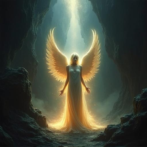 Glowing angel stands in darkness of grotto. Angel's wings shine brightly against shadows. Strong contrast between light and dark. Evokes themes of strength and divine presence.