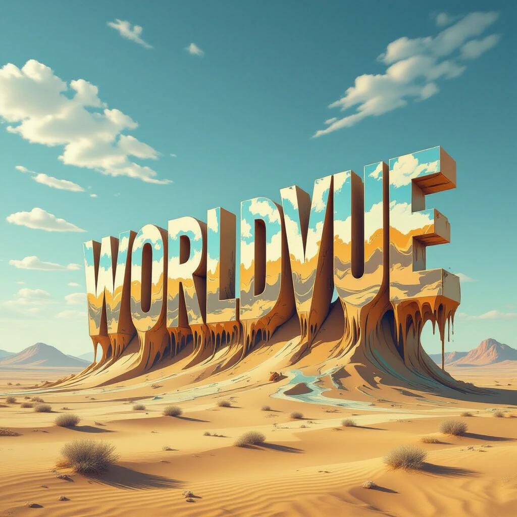 A colossal monument features the text 'WorldVue'. The setting is a surreal desert inspired by Dali. The text appears to be melting into the sandy terrain. The landscape includes distant mountains under a bright sky.