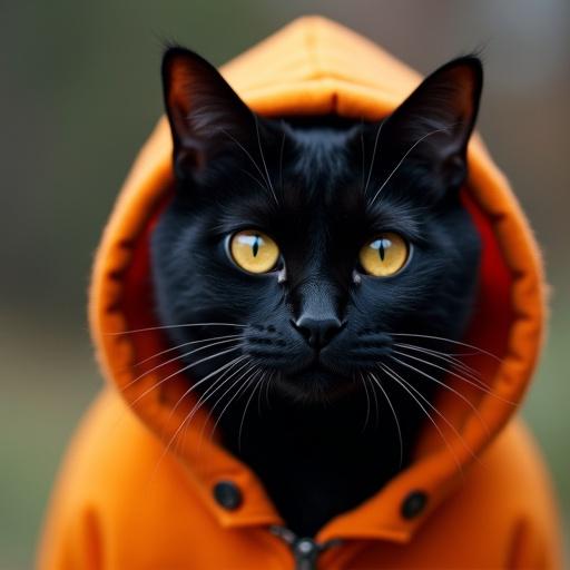 A black cat with golden eyes is wearing an orange hoodie. The cat is in focus and centered in the image.
