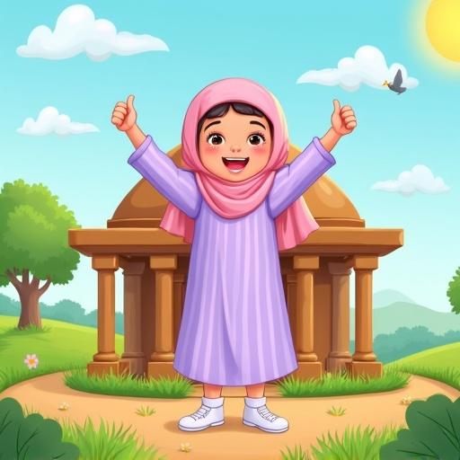 Colorful cartoon illustration for children's book. Young girl around 7–10 years old stands joyfully in front of a wooden house with five pillars and a dome-shaped roof. She wears a light purple dress with white stripes and a pink headscarf. Background features sunny outdoor scene with trees and blue sky. Illustrate soft Islamic design elements in a child-friendly style. Space at the top for title placement. Playful and vibrant theme.