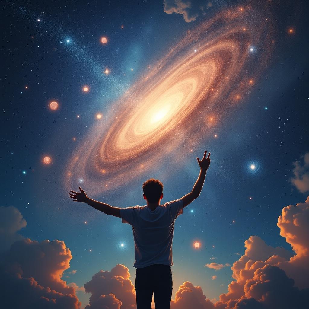 A young man stands in a vast universe. He seems to hold the universe in one hand. Other hand pulls strings in the cosmic scenery.