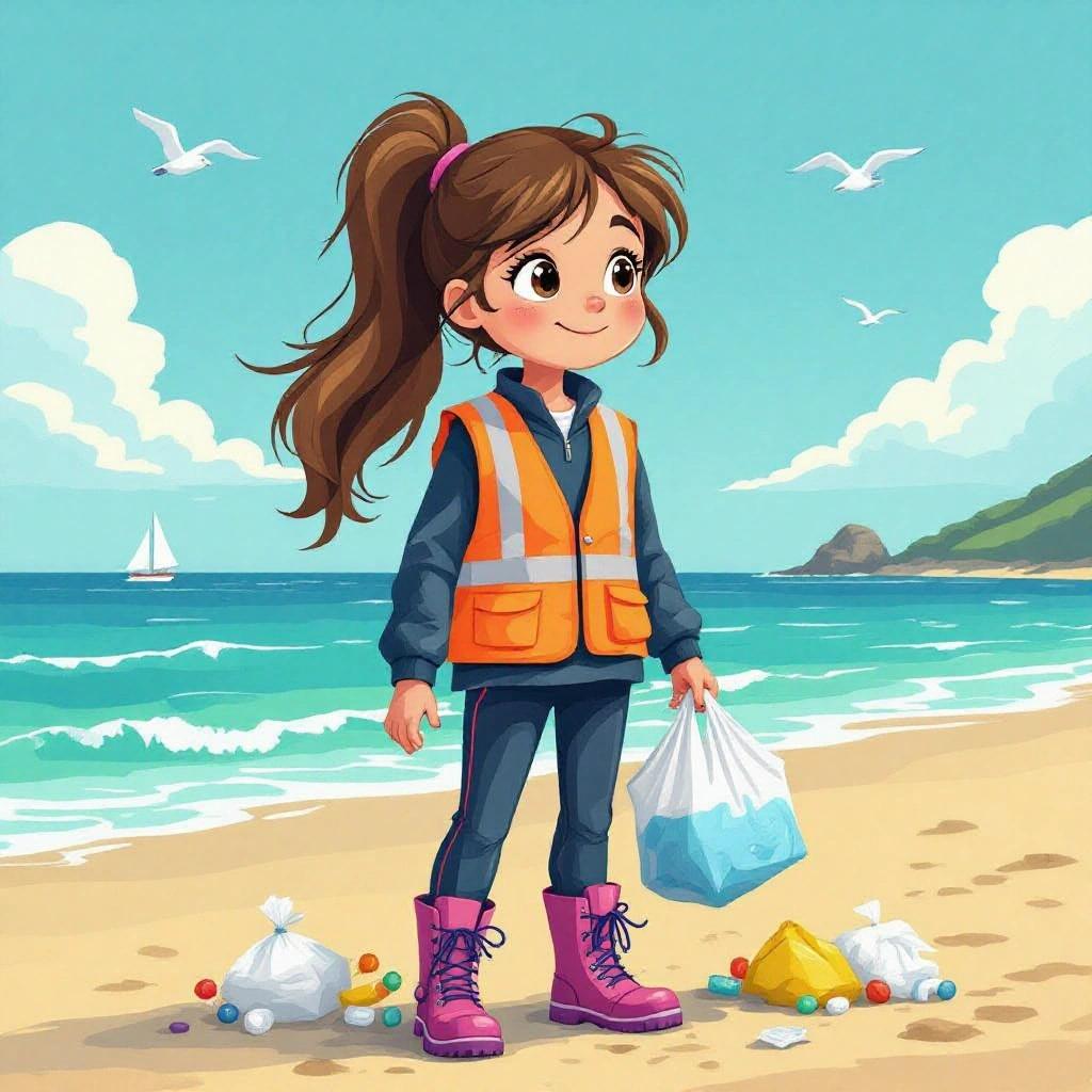 Brianna on a school trip at the beach for picking up litter. Cartoon girl with long dark blonde hair in a ponytail. Wearing hi-visibility vest navy-blue school track top navy-blue track pants light-pink wellies purple laces and purple soles.