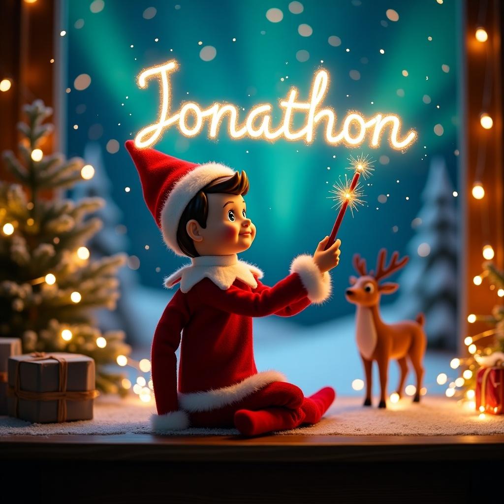 Enchanting Christmas scene. Boy elf dressed in red and white. Elf wields magic wand to write 'Jonathon' in sparkling script. Backdrop has vibrant northern lights. Male reindeer is in the background. Scene shows spirit of Christmas with a whimsical twist.