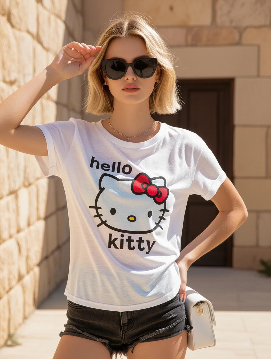 Photograph of a young woman outdoors on a sunny day. She poses in front of a rustic stone wall. She has light skin and wears large black sunglasses. Her short blonde hair is slightly messy. Her top is a sheer white t-shirt with a Hello Kitty graphic. She wears very short distressed black panties. Her arms are raised behind her head. A wooden lounge chair with a beige cushion and light pink blanket is in the background. The setting is casual and summery, suggesting leisure.
