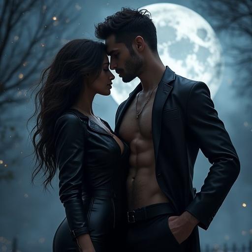 Photo quality image of a couple embracing under a full moon. Scene captures paranormal romance. Features a curvy African American woman and a lean muscular Italian man. Both in black leather outfits. Hazy atmosphere with magical elements. Stardust and enchanting scenery.