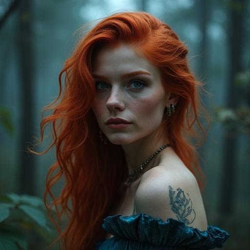 A woman with red hair in a mystical forest. She has silver eyes and wears flowing silks. The atmosphere is ethereal with deep blue tones. Her presence is both ancient and playful, exuding sensual energy.