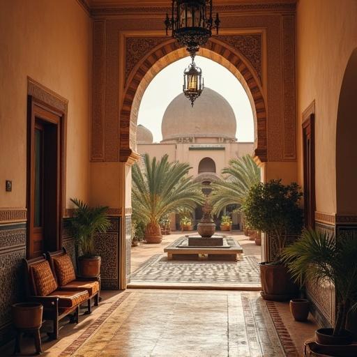 Beautiful hallway in a Moroccan building leading to a courtyard with a fountain and palm trees. Vintage design elements are visible.