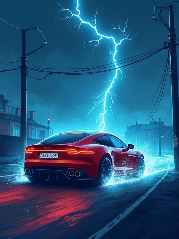 Image for book cover design illustrating electricity in cars featuring a red vehicle on a wet road during a storm with lightning