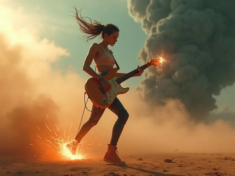 Cinematic scene featuring a female cyborg musician performing with an electric guitar. Camera angle moves from bottom to top showing her energetic choreography. Sparks fly from the guitar as she walks forward amidst a chaotic storm. Background includes dark clouds and a dust storm with lightning. The atmosphere is intense and dramatic.
