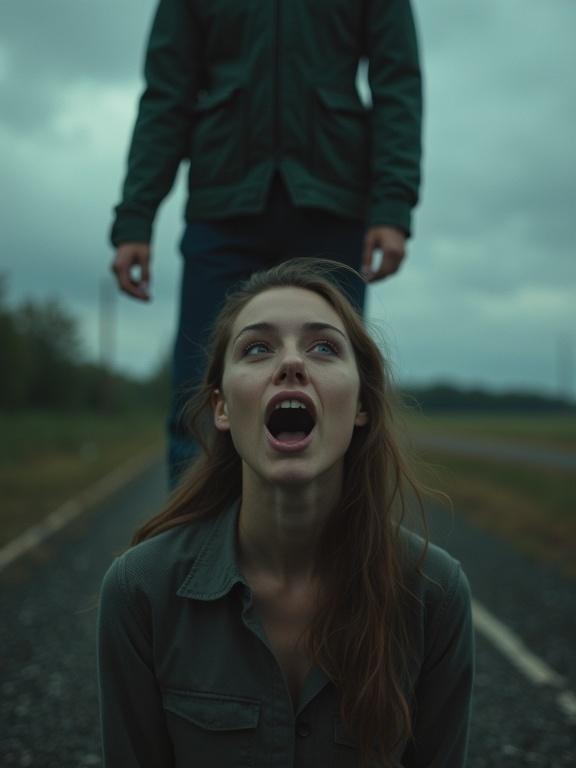 A woman looks at the camera with an open mouth while seated on the ground. A man looms in the background, adding to the dramatic effect. The scene is set on a deserted road under a dark, cloudy sky. The image captures strong emotions with a moody ambiance.