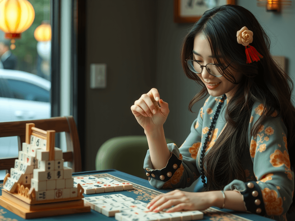 A woman, dressed in a floral-patterned outfit, intently plays mahjong with a joyful expression.