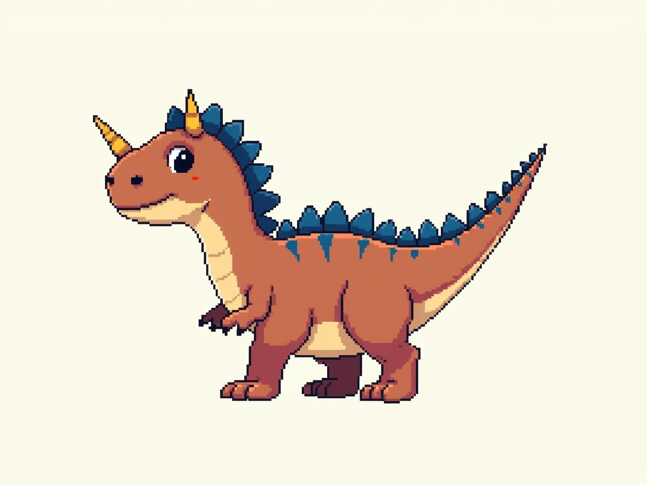 Create a pixel art image featuring a brown and blue T-Rex. The dinosaur should have distinct horns and feathers, showcasing a vibrant color palette. The illustration should be in a side view perspective to highlight its features. Use flat shading techniques to give depth while maintaining a classic pixel art style. Aim for a playful and cartoonish representation that captures the essence of a fearsome yet friendly T-Rex.