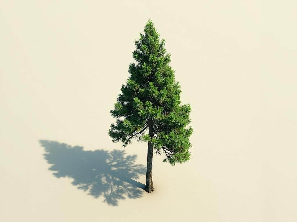 Image of a lone cypress tree viewed from a diagonal aerial perspective. The tree rises prominently from pale ground. A long shadow extends toward the bottom left from the tree.