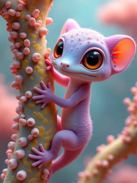 A detailed image of a fantastical creature resembling a lizard clinging to a surreal branch. The creature exhibits a soft lavender and pink body with expressive large amber eyes. The branch appears coral-like with pink and peach growths. The background is softly blurred to emphasize the vibrant foreground.