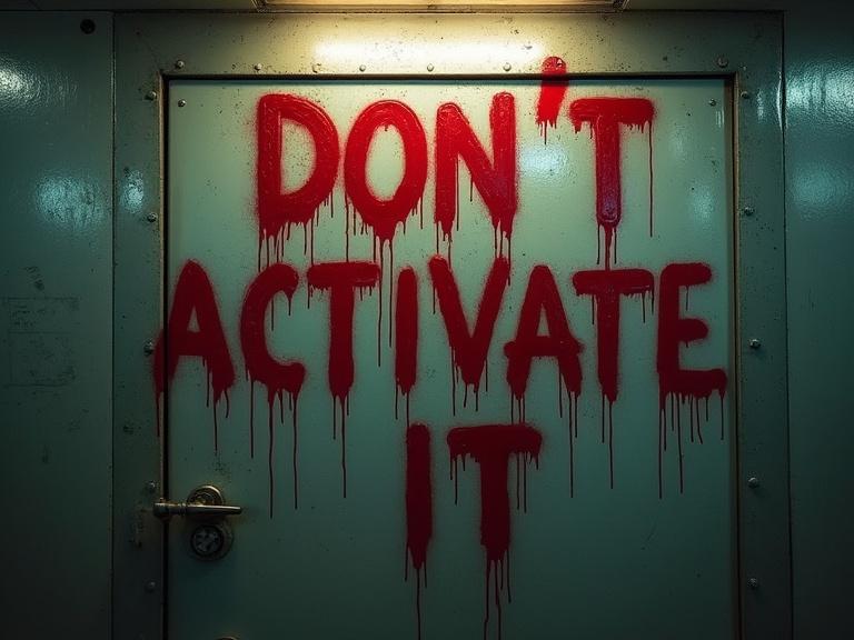 Red messages painted in blood on a metal door with the phrase Don't Activate It. The surface shows scratches and wear. Emergency lights flicker ominously, creating a suspenseful scene.