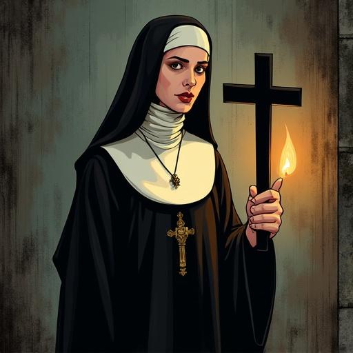 Comic-book-style digital illustration featuring a nun in a black habit. She holds a cross and a lit candle. The art has bold ink outlines and non-photorealistic style. The scene conveys a horror theme with a matte finish and soft cel shading. The texture is rough, and there's an artistic depth of field. The lighting is soft and warm, suggesting candlelight. The overall style is realistic with detailed textures.