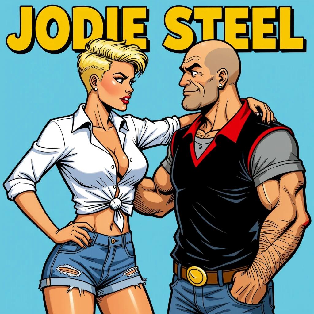 A comic strip style image showcasing a confident female character named Jodie Steel. She has a tough appearance with short, styled straw-blonde hair. Jodie wears a white unbuttoned shirt that is knotted and faded ripped denim shorts. She stands facing a character resembling Popeye with a hand on his shoulder in a challenging pose. In the background, there is an off-road motorcycle. The art features strong contour lines and photorealistic colors.