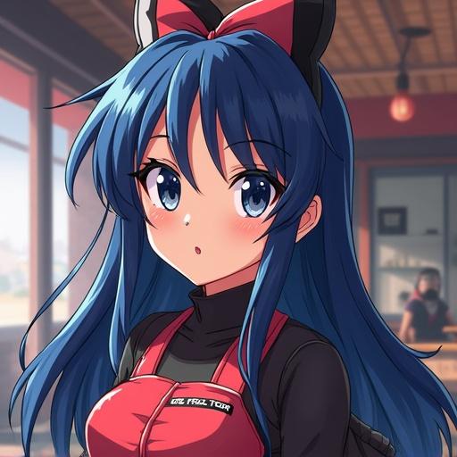 A character with blue hair and a red outfit in an anime style. Expression is cute and playful. Background shows an indoor setting with a warm atmosphere.