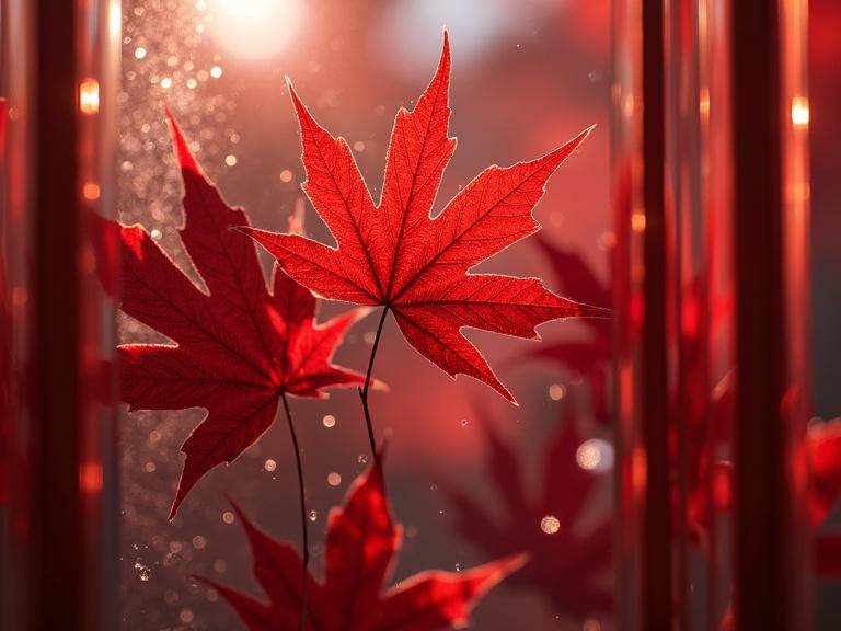 Close-up shot of red Japanese maple leaves through textured glass. The glass distorts the view and creates beautiful light refractions. Sunlight filters through, illuminating the leaves. Soft and warm tones present. No water droplets observed. Focus on calm aesthetics and high-quality editorial style.