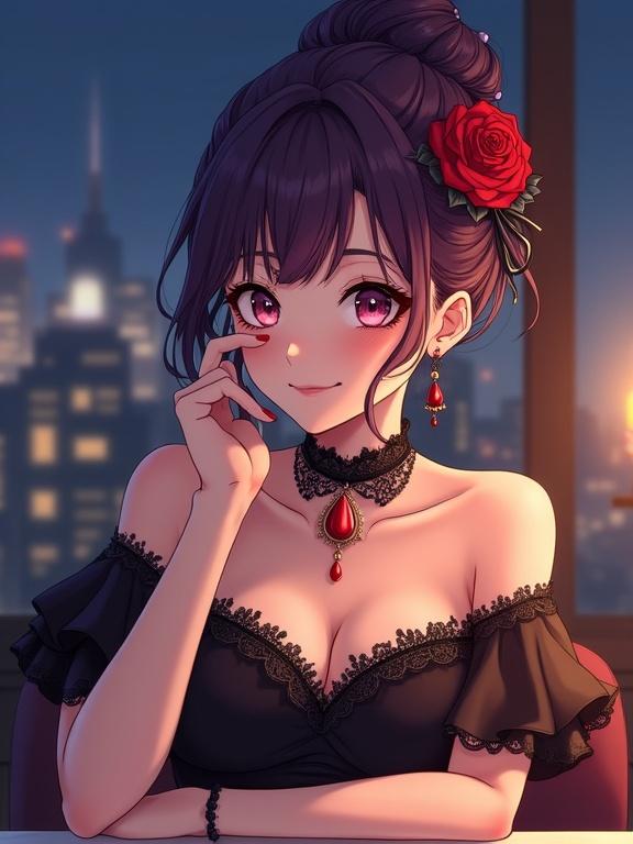 Semi-anime styled illustration of a beautiful lady with dark violet hair styled in an updo. Vibrant red rose adorns her hair. She has light-colored eyes and fair skin with blush. Elegant off-the-shoulder dark dress with ruffled sleeves and black lace detailing. Black lace choker with red teardrop pendant. Lady looks at viewer with an alluring expression, one hand touching her chin. Seated at a table with a soft glow from a candle. Blurred city skyline in night setting.