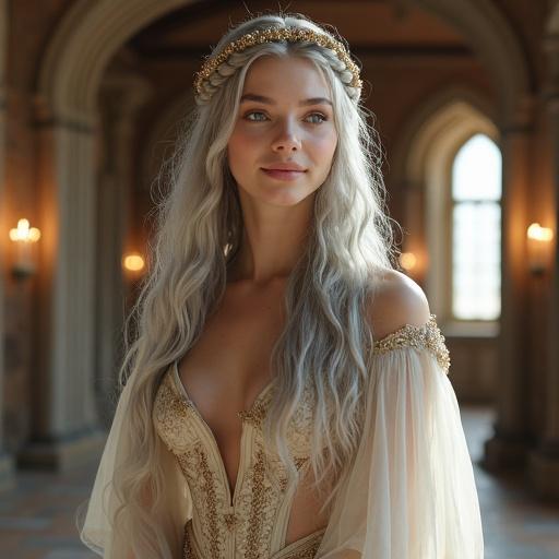 Adult woman dressed in an elegant and ethereal gown. Gown features translucent fabrics with ornate embroidery. Hair is long and wavy in silver, adorned with a golden hair ornament. Scene is set in a grand dining hall with candlelight and stone columns. A serene and gentle smile enhances her porcelain skin. Dignified and otherworldly feel, suitable for artistic composition.
