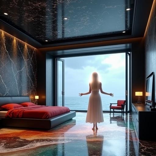 Large bedroom featuring black marble walls and ceiling. Recessed lighting illuminates space. Bay windows reveal cloudy sky. Single bed with red sheets occupies room. Floor displays vibrant beach mural. Beautiful woman with glowing white hair and dress levitates at center. Aspect ratio 3:2.