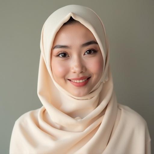 High-detail portrait of a young woman from Indonesia wearing a cream hijab. She has a warm smile and natural makeup. The background is soft and neutral to highlight her features. Whole body is visible for an elegant presentation.